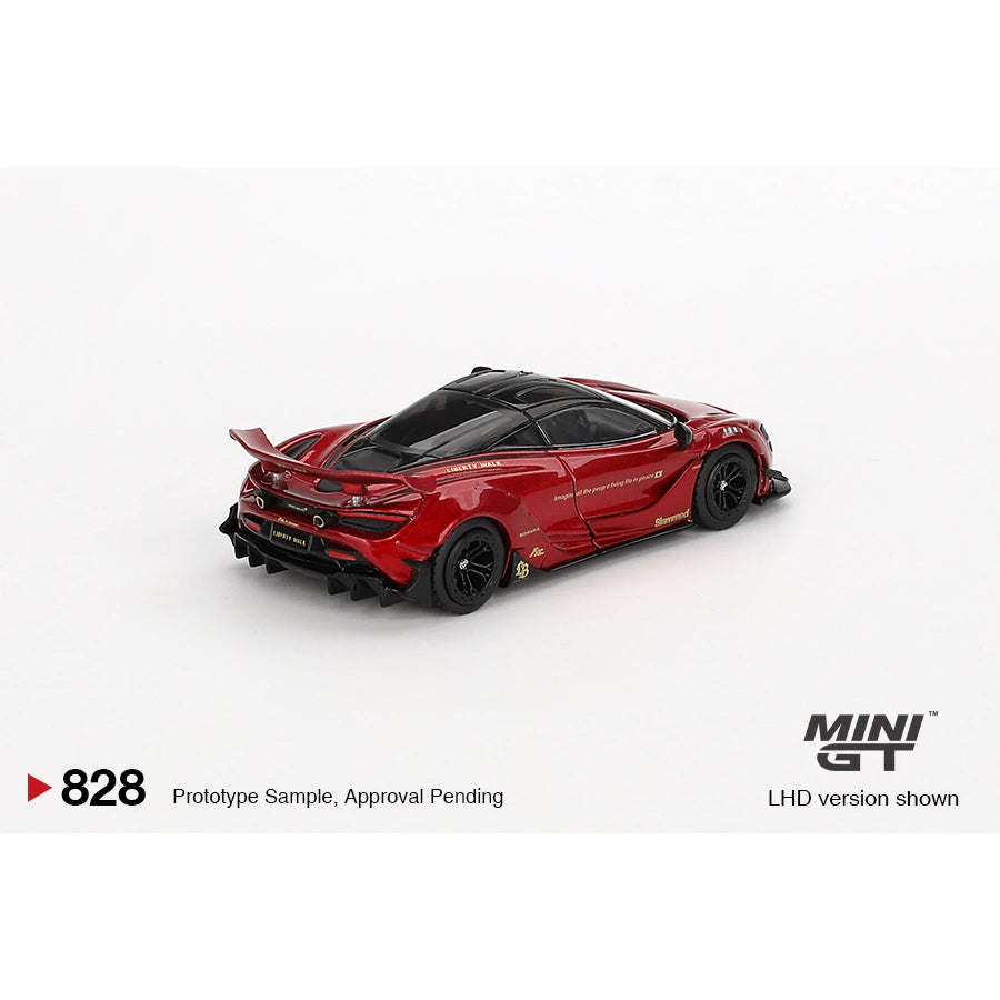 MiniGT 1:64 scale die-cast model of McLaren 720S LB★Works in Gem Red with Liberty Walk widebody kit.