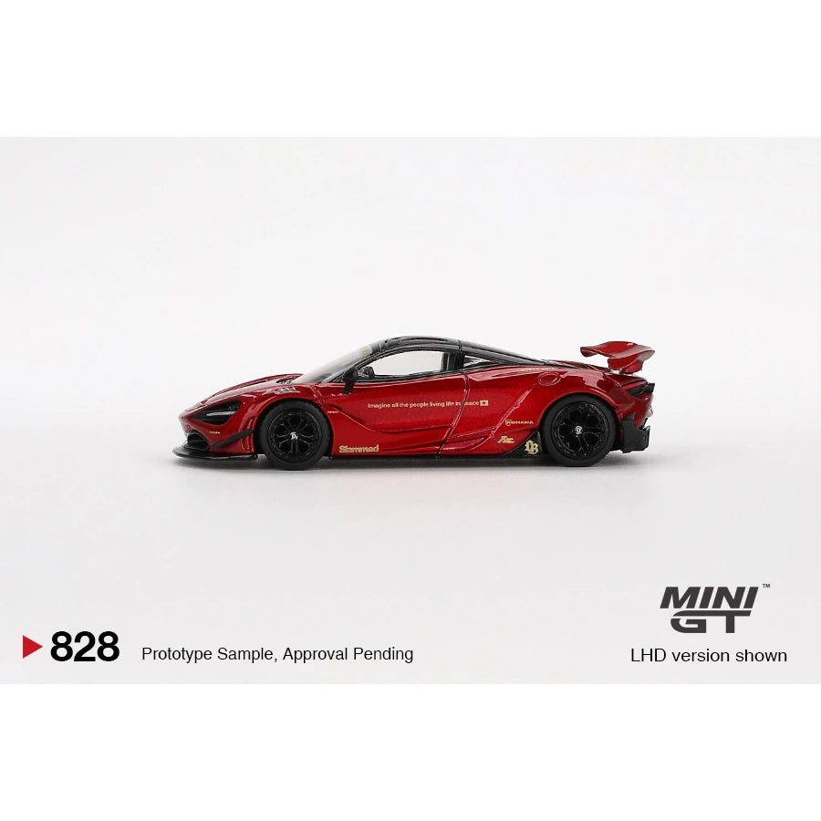 MiniGT 1:64 scale die-cast model of McLaren 720S LB★Works in Gem Red with Liberty Walk widebody kit.