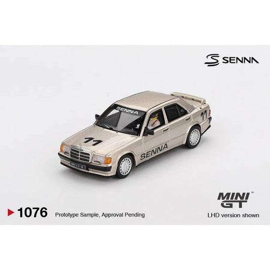 Mini GT 1:64 Mercedes-Benz 190 E 2.3-16 #11 Ayrton Senna 1984 Nürburgring Race of Champions die-cast model with figure.