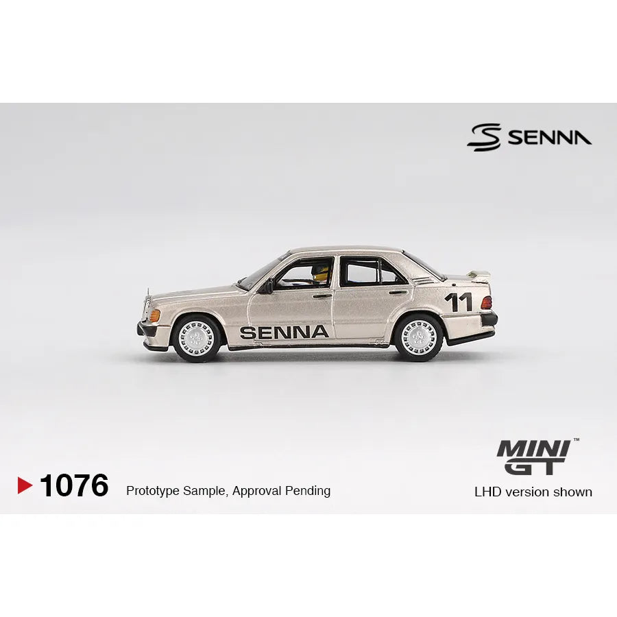 Mini GT 1:64 Mercedes-Benz 190 E 2.3-16 #11 Ayrton Senna 1984 Nürburgring Race of Champions die-cast model with figure.