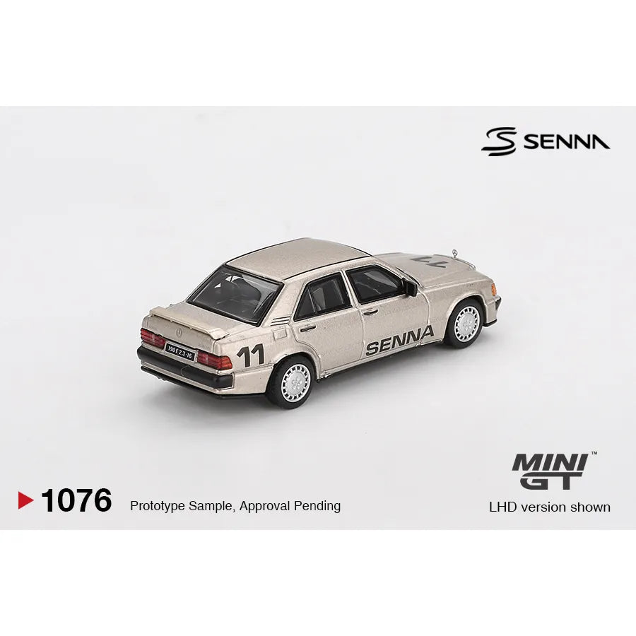 Mini GT 1:64 Mercedes-Benz 190 E 2.3-16 #11 Ayrton Senna 1984 Nürburgring Race of Champions die-cast model with figure.