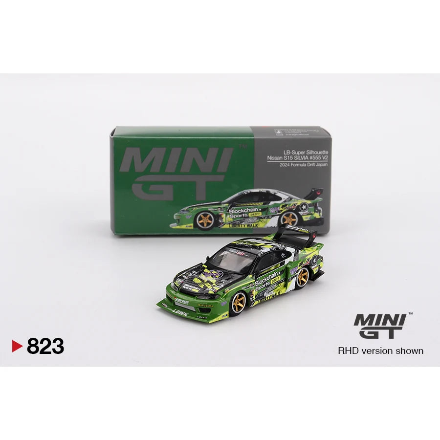 Mini GT 1:64 scale Nissan LB-Super Silhouette S15 Silvia #555 V2 2024 Formula Drift Japan #823 MGT00823 die-cast model.