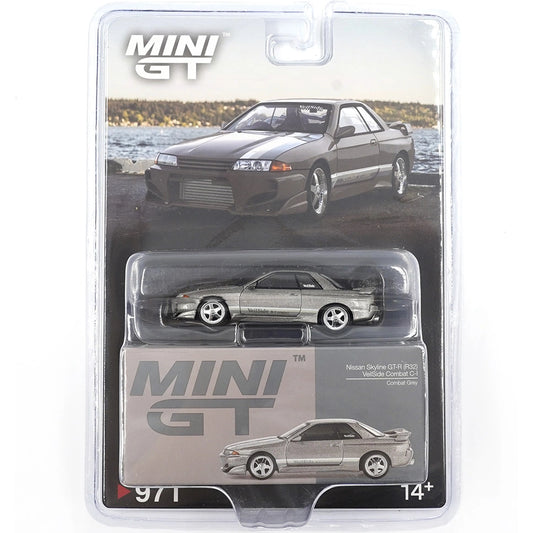 MINI GT 1:64 Nissan Skyline GT-R (R32) VeilSide Combat C-I in Combat Grey — product images showing left profile, three-quarter front and retail blister packaging (product #971).