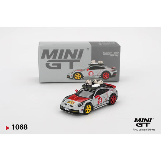 Mini GT 1:64 scale Porsche 911 Dakar Uncle Rally #1068 MGT01068 die-cast model with rally-inspired detailing.