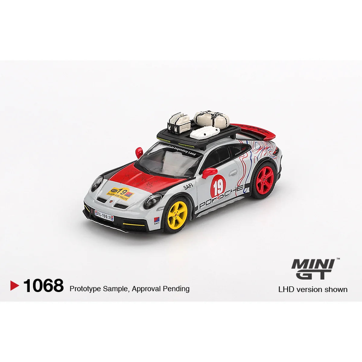 Mini GT 1:64 scale Porsche 911 Dakar Uncle Rally #1068 MGT01068 die-cast model with rally-inspired detailing.