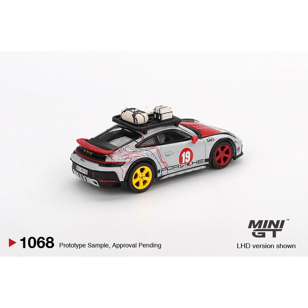 Mini GT 1:64 scale Porsche 911 Dakar Uncle Rally #1068 MGT01068 die-cast model with rally-inspired detailing.