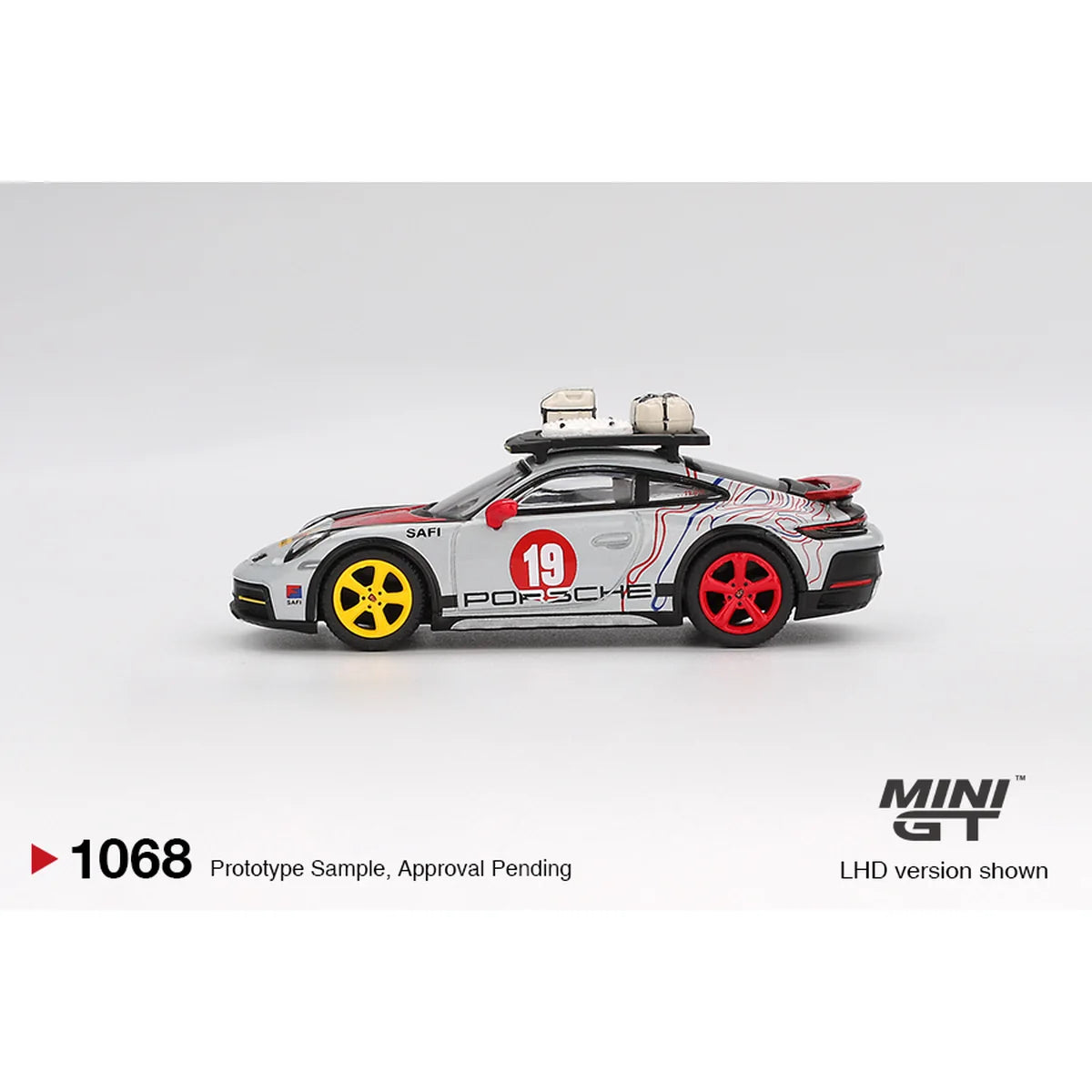 Mini GT 1:64 scale Porsche 911 Dakar Uncle Rally #1068 MGT01068 die-cast model with rally-inspired detailing.
