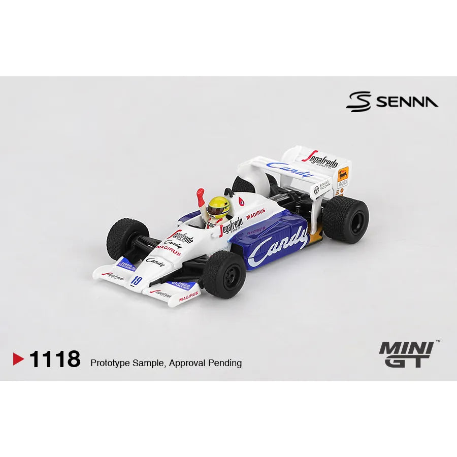 Mini GT 1:64 Toleman TG184 #19 Ayrton Senna Monaco GP 1984 Formula 1 die-cast model car.