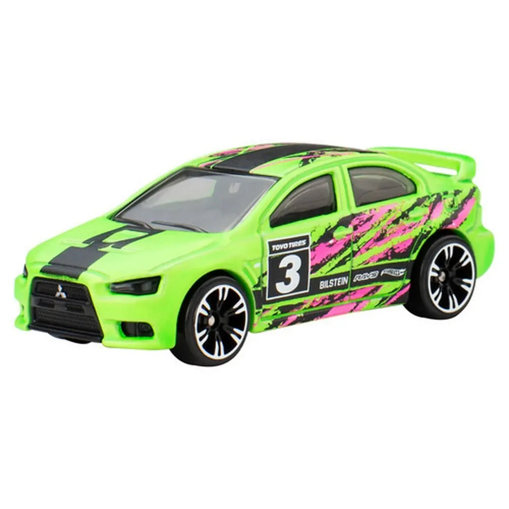 Hot Wheels 1:64 2008 Lancer Evolution Neon Speeders 3/8 die-cast model with custom racing deco.