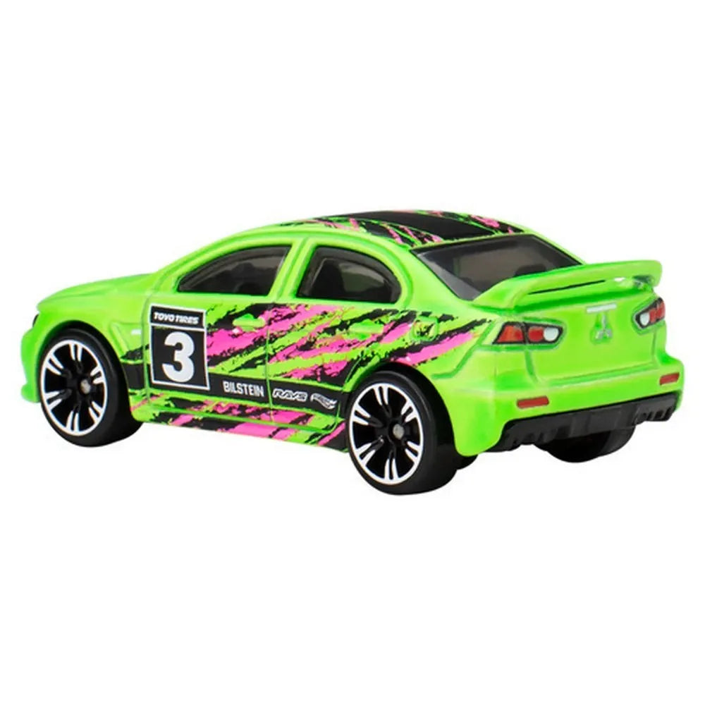 Hot Wheels 1:64 2008 Lancer Evolution Neon Speeders 3/8 die-cast model with custom racing deco.