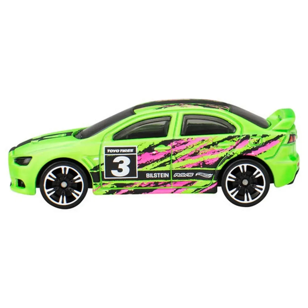 Hot Wheels 1:64 2008 Lancer Evolution Neon Speeders 3/8 die-cast model with custom racing deco.