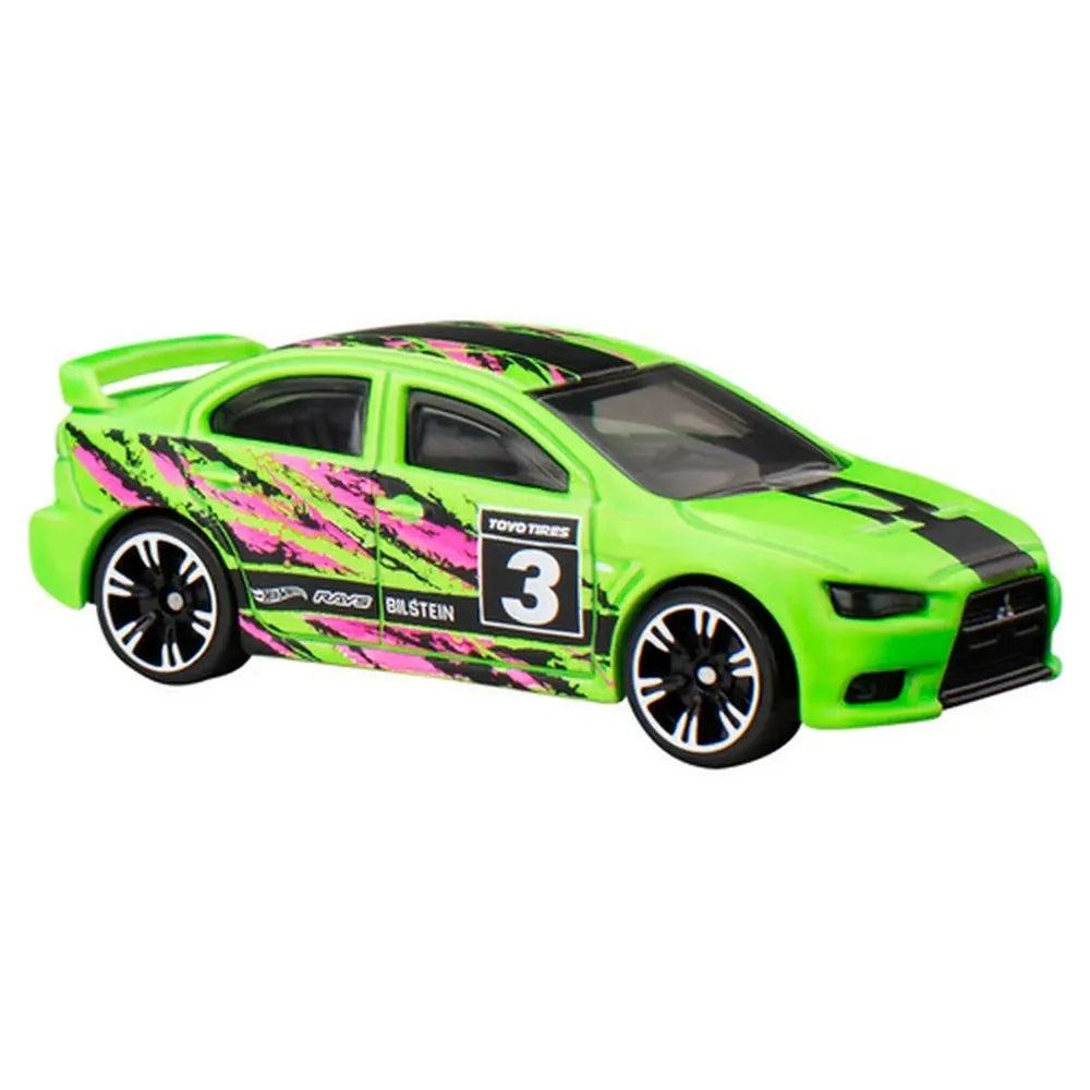 Hot Wheels 1:64 2008 Lancer Evolution Neon Speeders 3/8 die-cast model with custom racing deco.