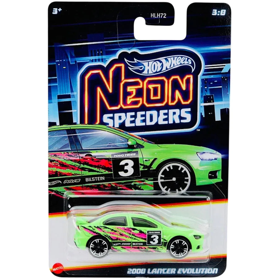Hot Wheels 1:64 2008 Lancer Evolution Neon Speeders 3/8 die-cast model with custom racing deco.