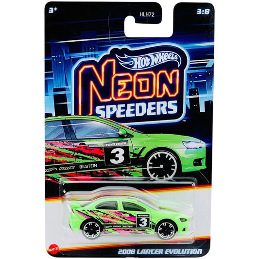 Hot Wheels 1:64 2008 Lancer Evolution Neon Speeders 3/8 die-cast model with custom racing deco.
