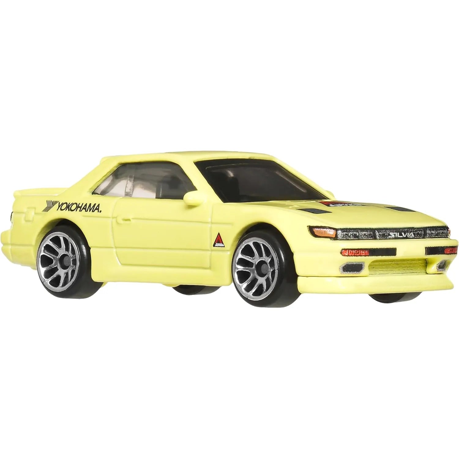 Hot Wheels 1:64 Nissan Silvia S13 yellow Yokohama Fast & Furious Tokyo Drift Silver Series die-cast collectible car.