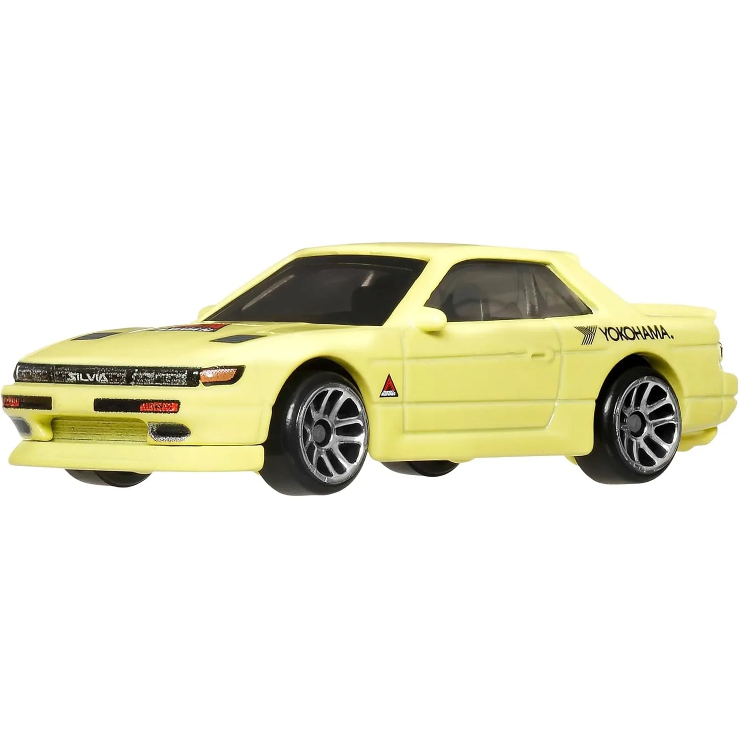 Hot Wheels 1:64 Nissan Silvia S13 yellow Yokohama Fast & Furious Tokyo Drift Silver Series die-cast collectible car.