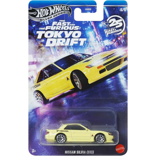 Hot Wheels 1:64 Nissan Silvia S13 yellow Yokohama Fast & Furious Tokyo Drift Silver Series die-cast collectible car.