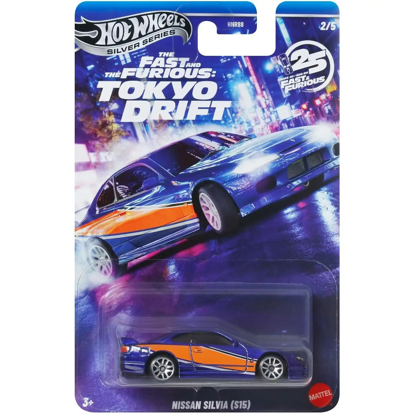 Hot Wheels 1:64 Nissan Silvia S15 Mona Lisa Fast & Furious Tokyo Drift blue and orange Silver Series die-cast car.