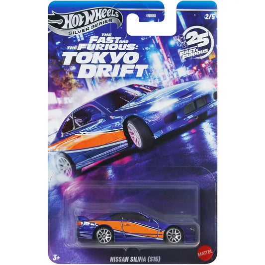 Hot Wheels 1:64 Nissan Silvia S15 Mona Lisa Fast & Furious Tokyo Drift blue and orange Silver Series die-cast car.