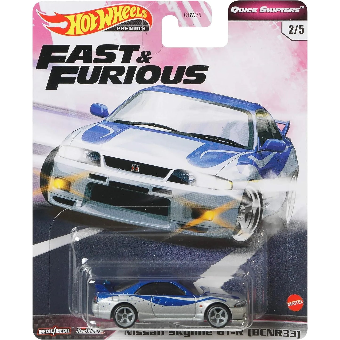 Hot Wheels Premium Fast & Furious Nissan Skyline GT-R BCNR33 Quick Shifters 2/5 featuring Real Riders rubber tires, Metal/Metal construction and movie-inspired 2 Fast 2 Furious livery.