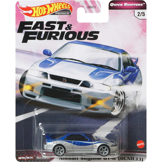 Hot Wheels Premium Fast & Furious Nissan Skyline GT-R BCNR33 Quick Shifters 2/5 featuring Real Riders rubber tires, Metal/Metal construction and movie-inspired 2 Fast 2 Furious livery.