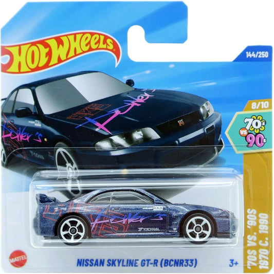 Hot Wheels Nissan Skyline GT-R BCNR33 blue 1:64 die-cast from 2025 70s vs 90s series 144/250 8/10 HYY04 in packaging.