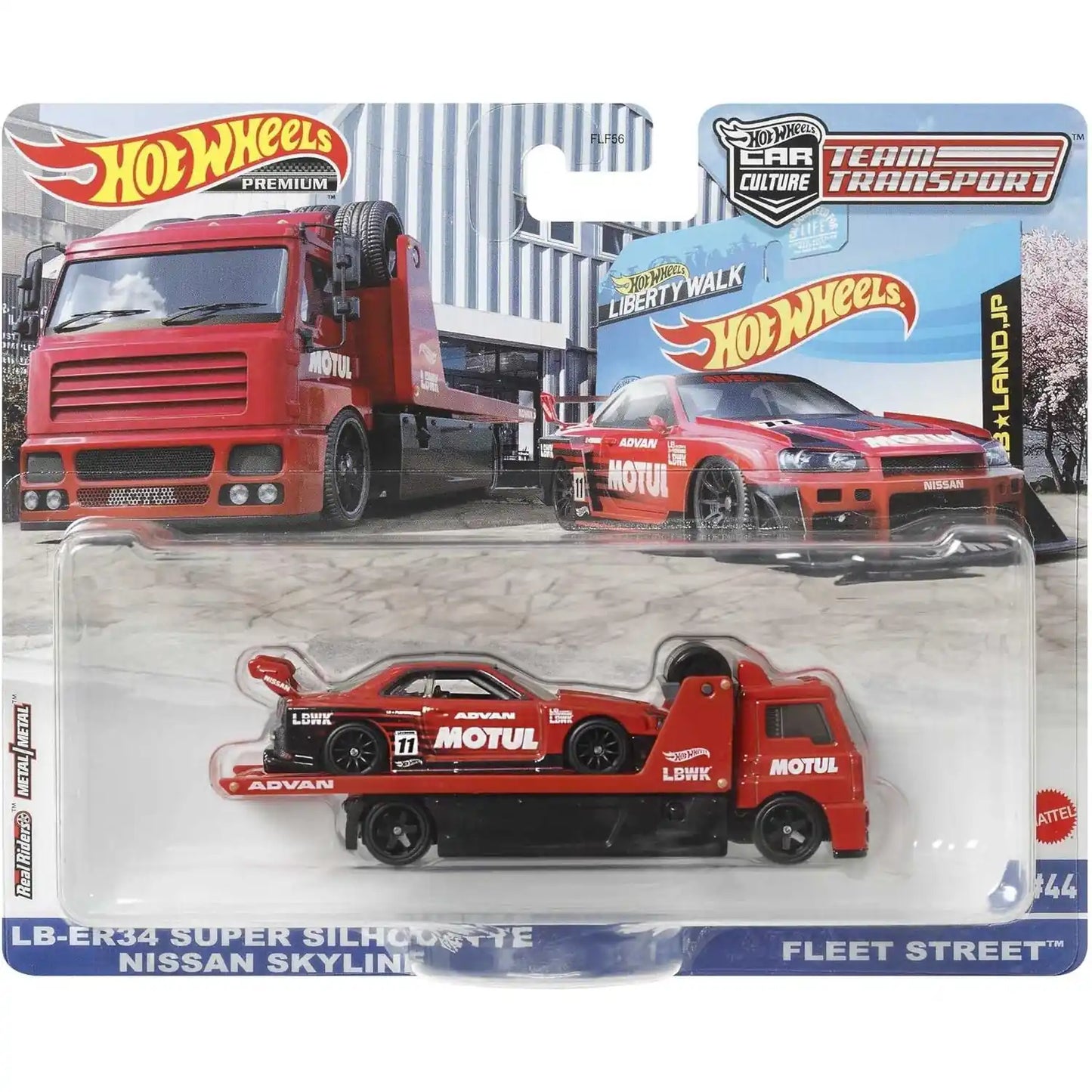 Hot Wheels Premium 1:64 LB-ER34 Super Silhouette Nissan Skyline and Fleet Street Team Transport #44 HCN54 FLF56 with protector and MOTUL ADVAN LBWK racing livery.