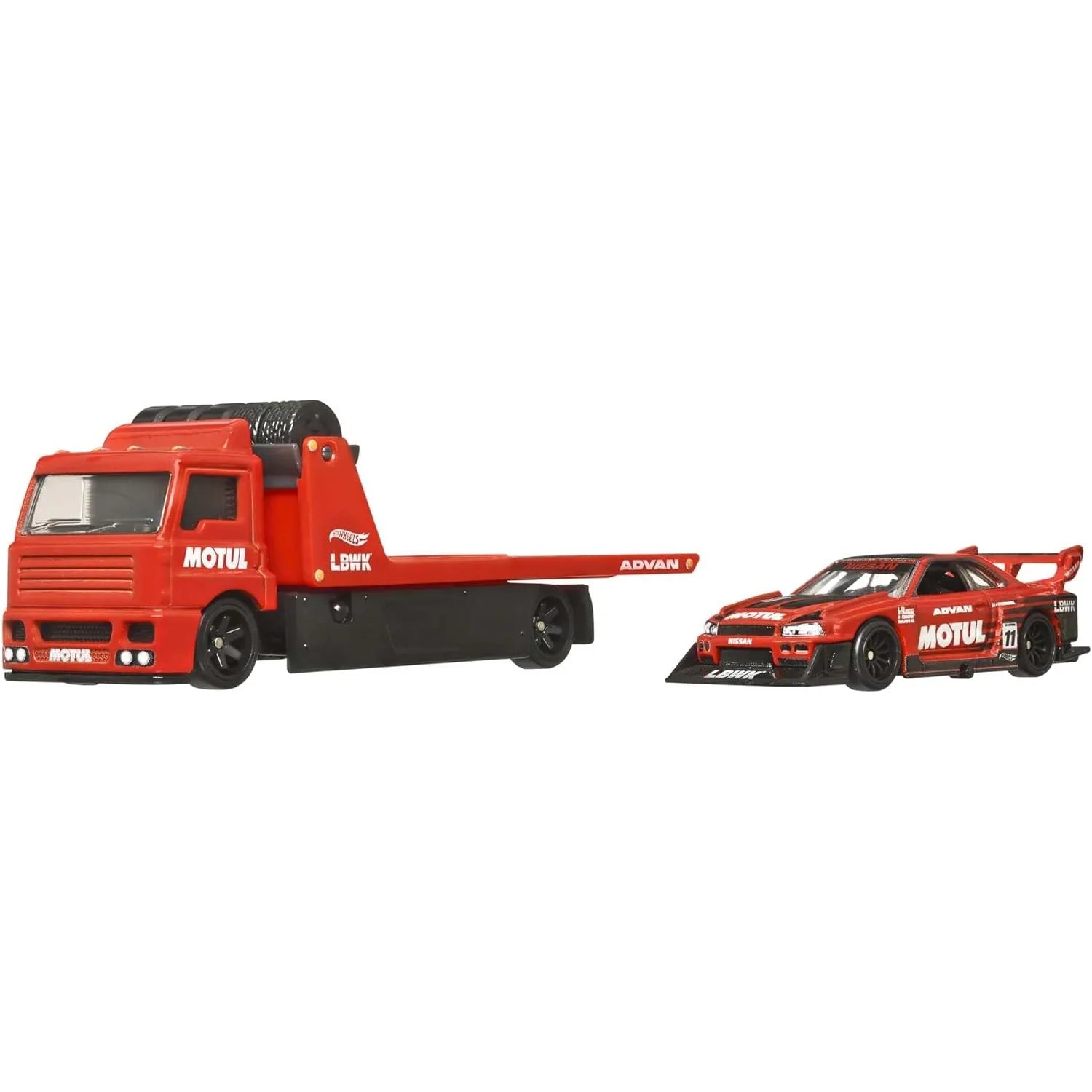 Hot Wheels Premium 1:64 LB-ER34 Super Silhouette Nissan Skyline and Fleet Street Team Transport #44 HCN54 FLF56 with protector and MOTUL ADVAN LBWK racing livery.