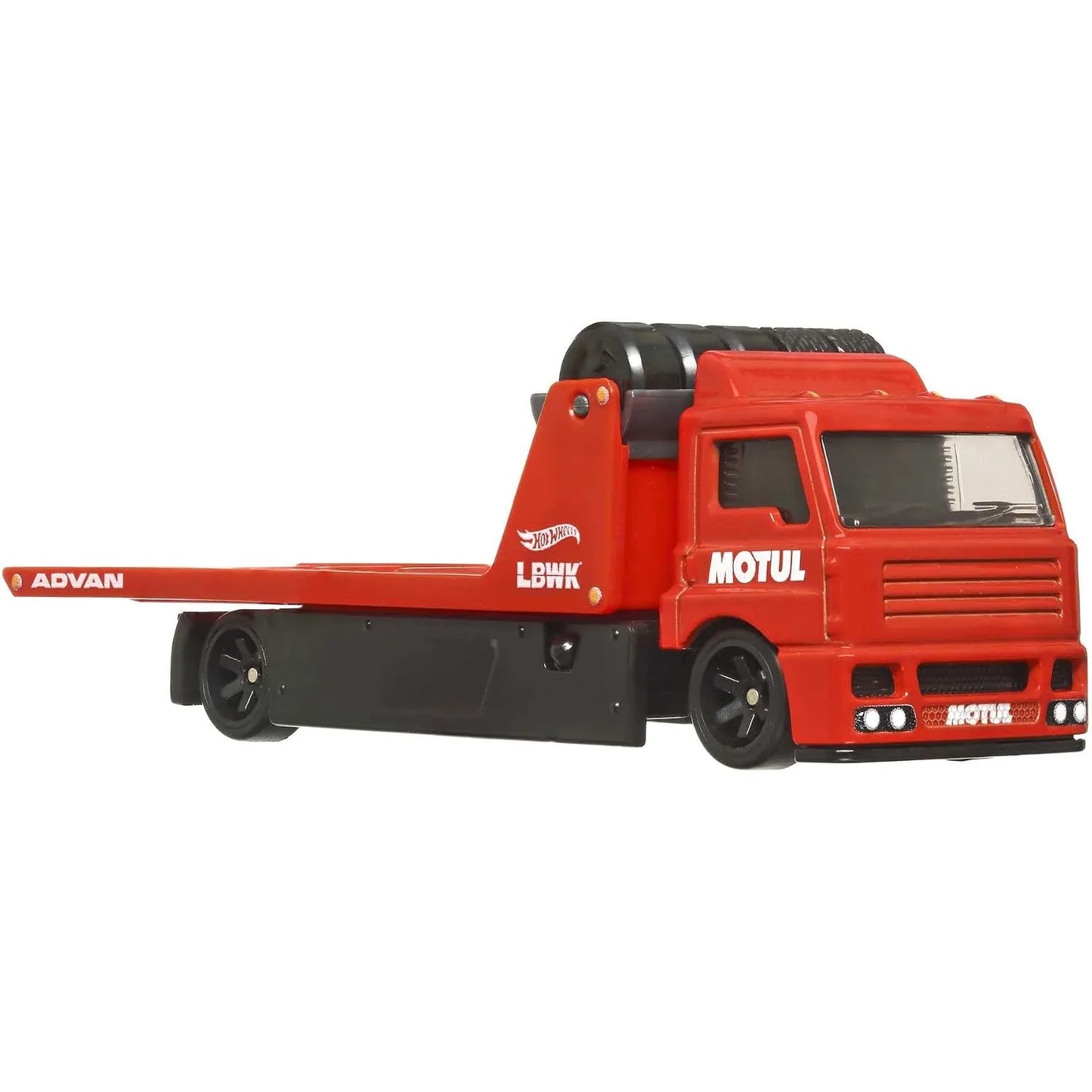 Hot Wheels Premium 1:64 LB-ER34 Super Silhouette Nissan Skyline and Fleet Street Team Transport #44 HCN54 FLF56 with protector and MOTUL ADVAN LBWK racing livery.