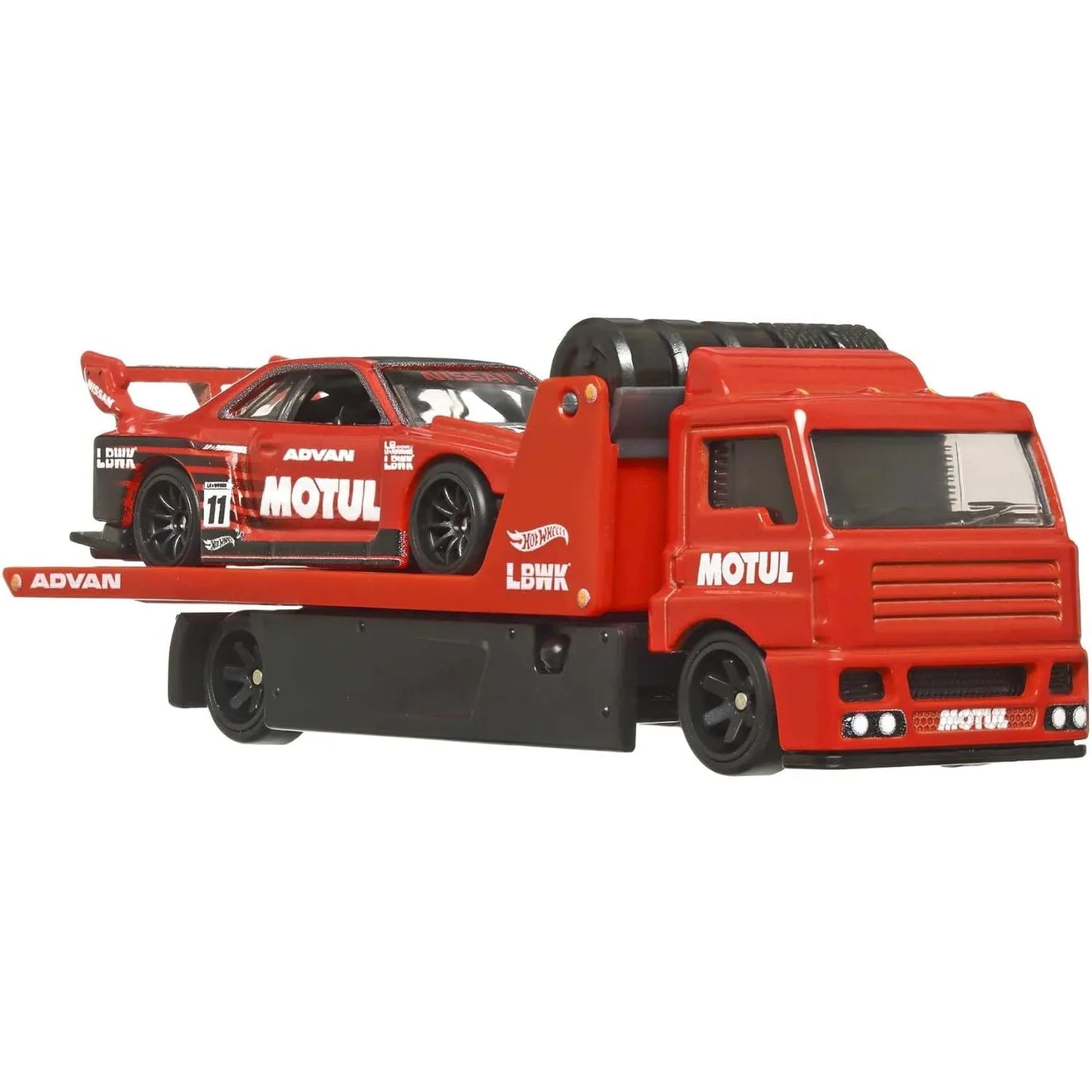 Hot Wheels Premium 1:64 LB-ER34 Super Silhouette Nissan Skyline and Fleet Street Team Transport #44 HCN54 FLF56 with protector and MOTUL ADVAN LBWK racing livery.