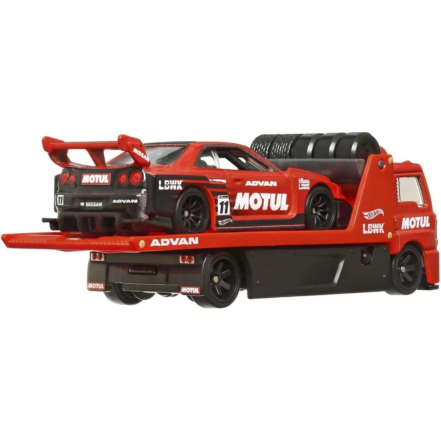 Hot Wheels Premium 1:64 LB-ER34 Super Silhouette Nissan Skyline and Fleet Street Team Transport #44 HCN54 FLF56 with protector and MOTUL ADVAN LBWK racing livery.