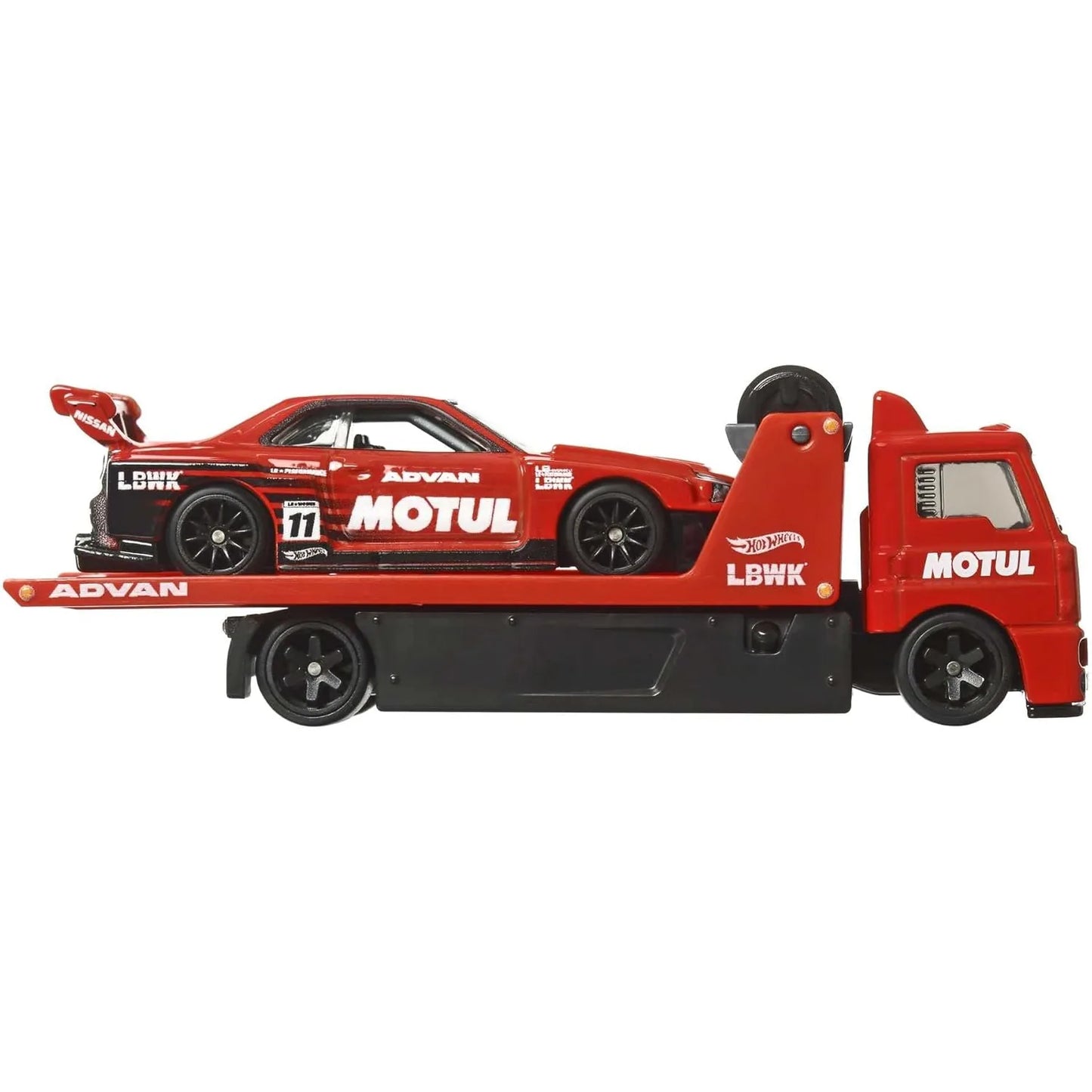 Hot Wheels Premium 1:64 LB-ER34 Super Silhouette Nissan Skyline and Fleet Street Team Transport #44 HCN54 FLF56 with protector and MOTUL ADVAN LBWK racing livery.