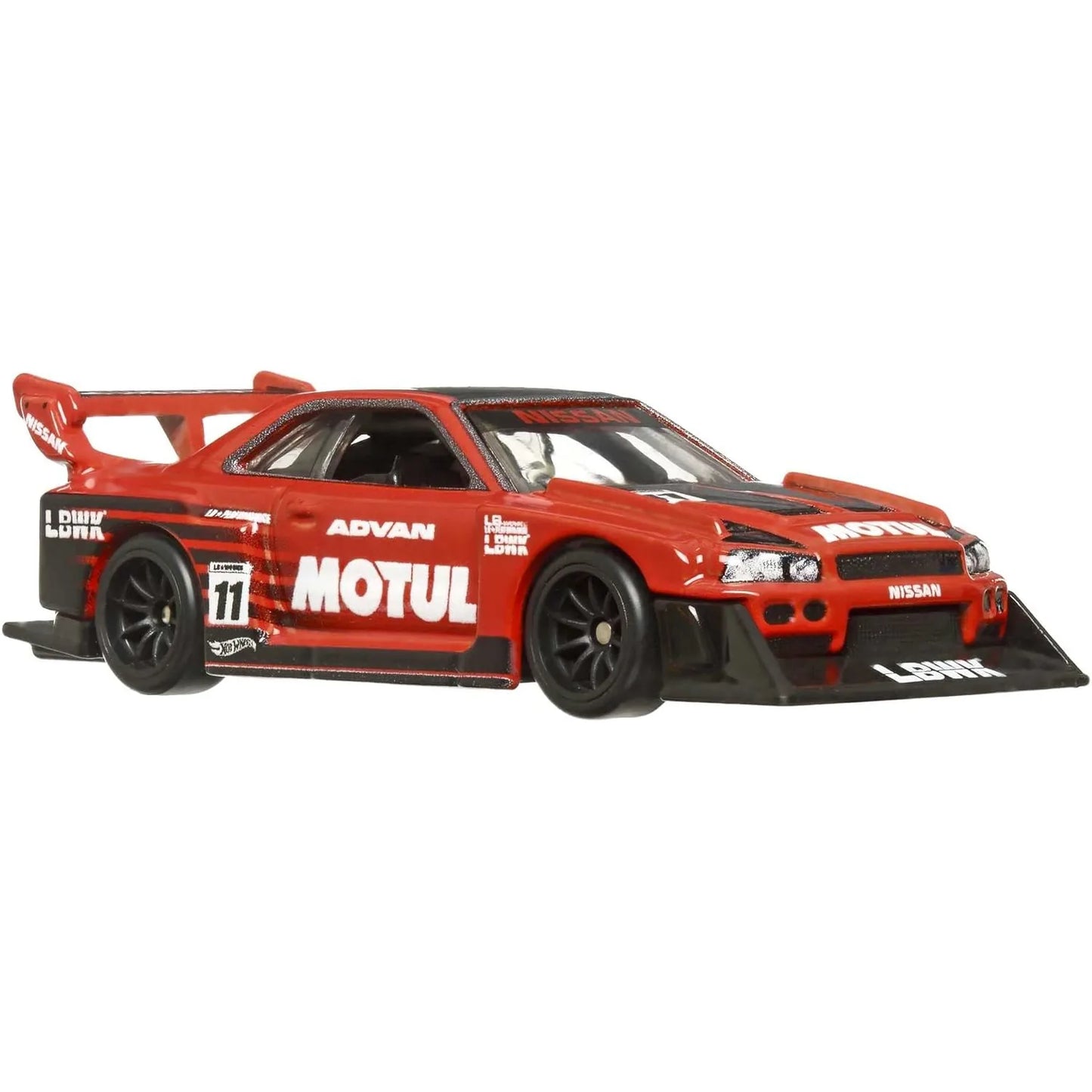 Hot Wheels Premium 1:64 LB-ER34 Super Silhouette Nissan Skyline and Fleet Street Team Transport #44 HCN54 FLF56 with protector and MOTUL ADVAN LBWK racing livery.