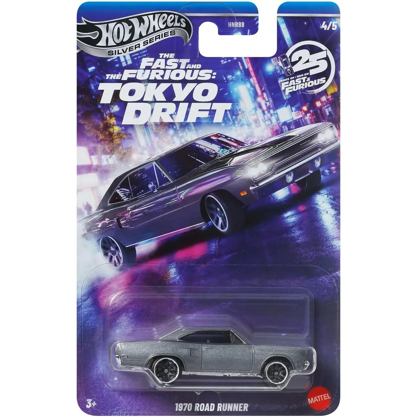 Hot Wheels 1:64 1970 Plymouth Road Runner Fast & Furious Tokyo Drift 4/5 HNR88 JKX08 Silver Series die-cast collectible car.