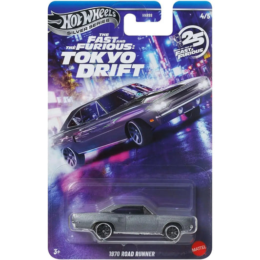 Hot Wheels 1:64 1970 Plymouth Road Runner Fast & Furious Tokyo Drift 4/5 HNR88 JKX08 Silver Series die-cast collectible car.