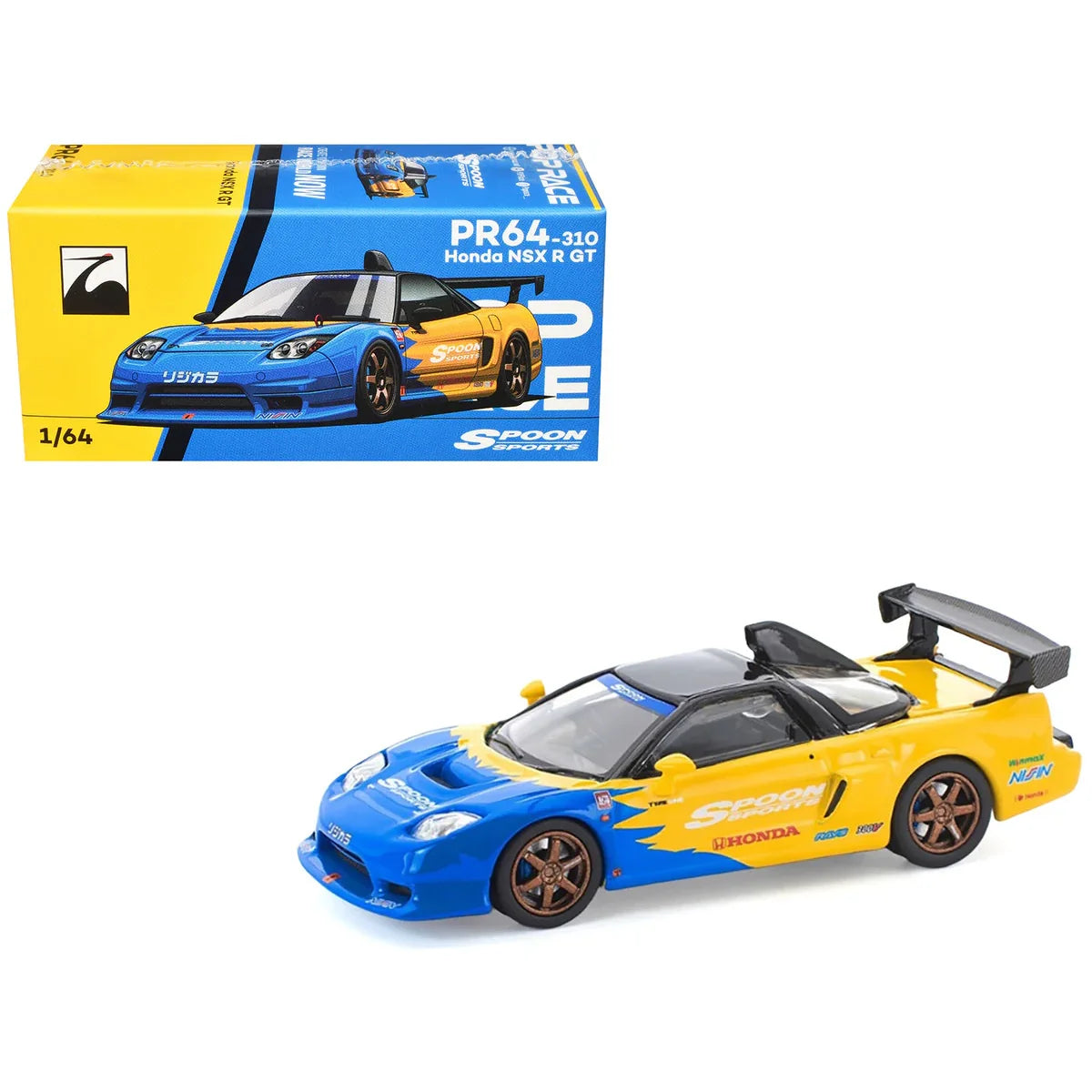 PR64 1:64 Honda NSX R GT Spoon Sports diecast model car in blue and yellow racing livery PR64-310 PR640310-L.