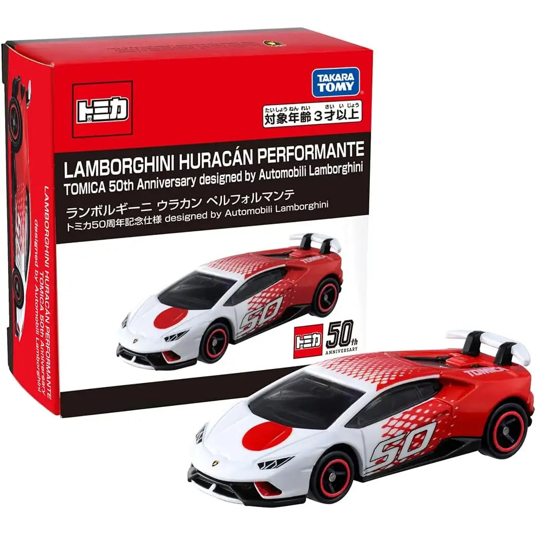 Tomica Lamborghini Huracán Performante 50th Anniversary red and white die-cast model by Takara Tomy