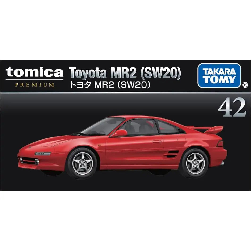 Tomica Premium 1:64 scale die-cast model of the Toyota MR2 SW20 in red, #42 from Takara Tomy.