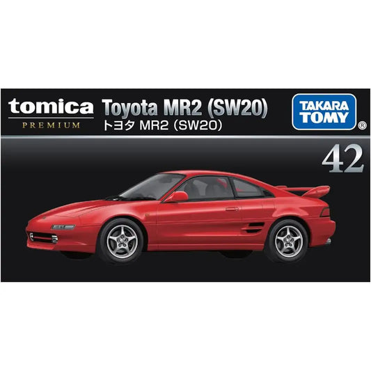 Tomica Premium 1:64 scale die-cast model of the Toyota MR2 SW20 in red, #42 from Takara Tomy.