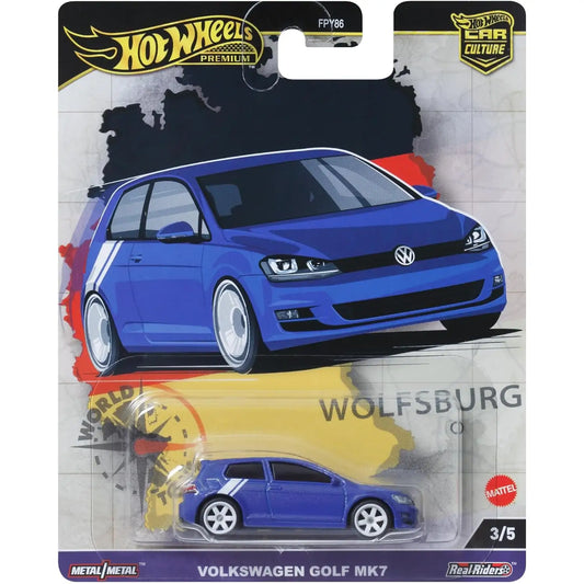 Hot Wheels 1:64 Volkswagen Golf MK7 World Tour 3/5 premium die-cast model in Metallic Blue with white side stripe, Real Riders wheels, and Metal/Metal construction.