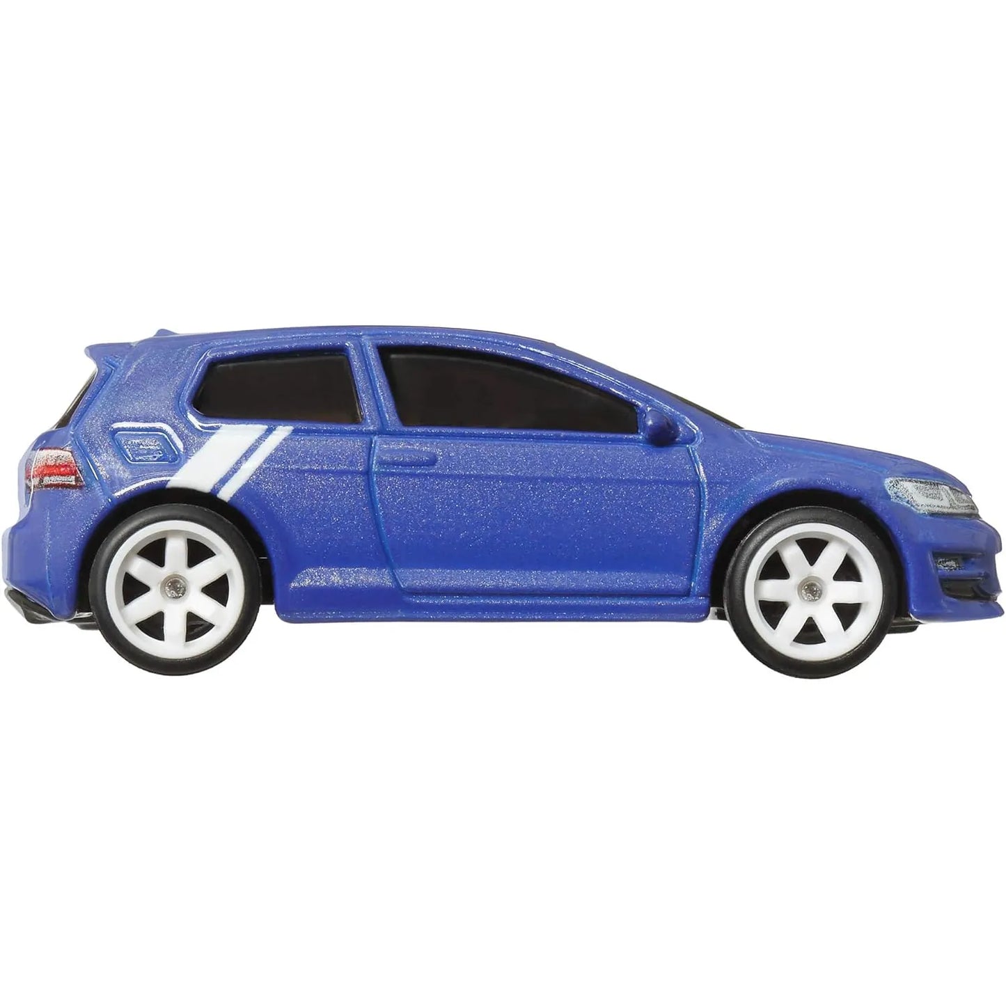 Hot Wheels 1:64 Volkswagen Golf MK7 World Tour 3/5 premium die-cast model in Metallic Blue with white side stripe, Real Riders wheels, and Metal/Metal construction.