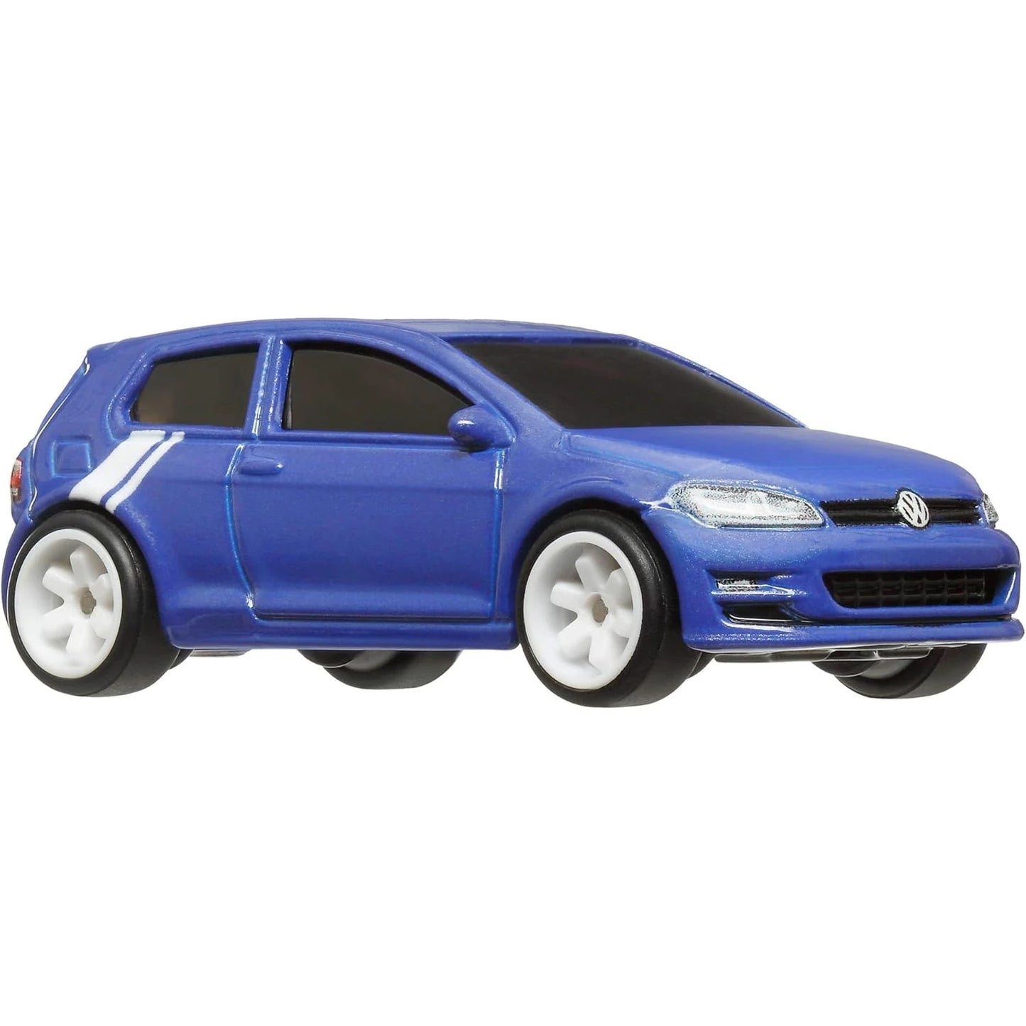 Hot Wheels 1:64 Volkswagen Golf MK7 World Tour 3/5 premium die-cast model in Metallic Blue with white side stripe, Real Riders wheels, and Metal/Metal construction.