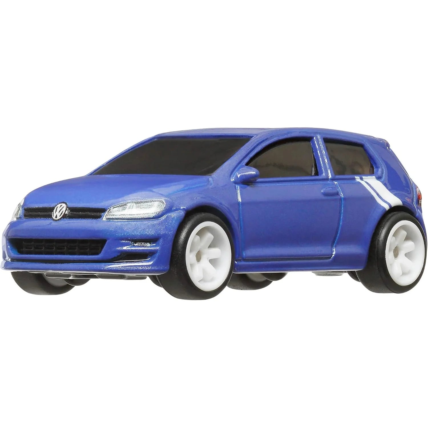 Hot Wheels 1:64 Volkswagen Golf MK7 World Tour 3/5 premium die-cast model in Metallic Blue with white side stripe, Real Riders wheels, and Metal/Metal construction.