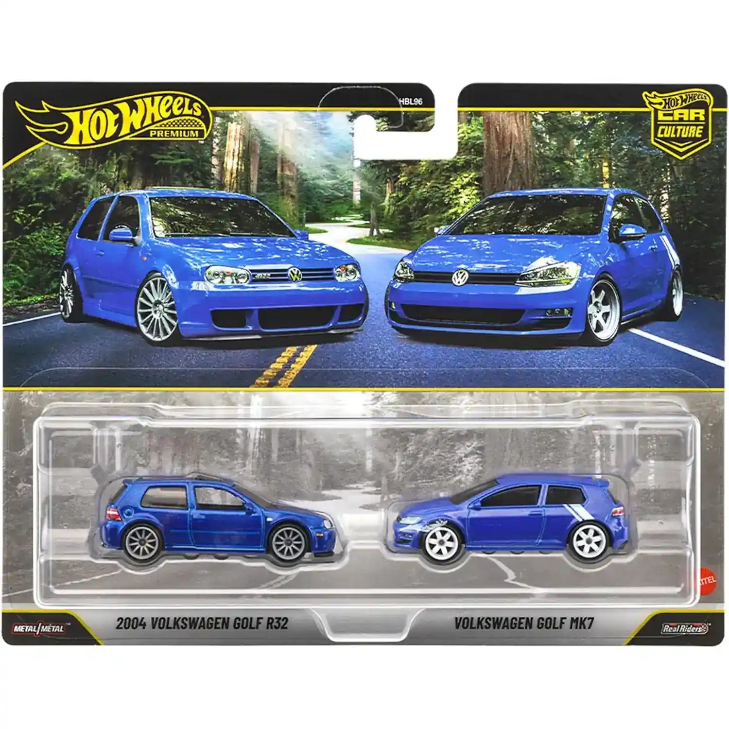 Hot Wheels Premium Car Culture 2-Pack featuring the 2004 Volkswagen Golf R32 and Volkswagen MK7 die-cast models with Real Riders wheels and premium detailing.