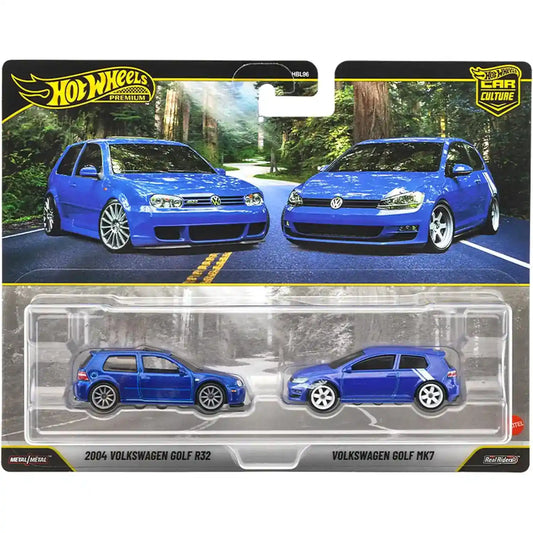 Hot Wheels Premium Car Culture 2-Pack featuring the 2004 Volkswagen Golf R32 and Volkswagen MK7 die-cast models with Real Riders wheels and premium detailing.
