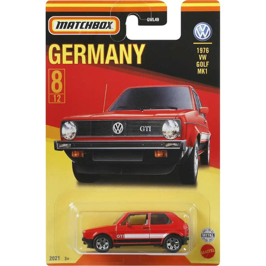 Matchbox 1:64 Germany Series die-cast model of the 1976 VW Golf MK1 in red with GTI detailing.