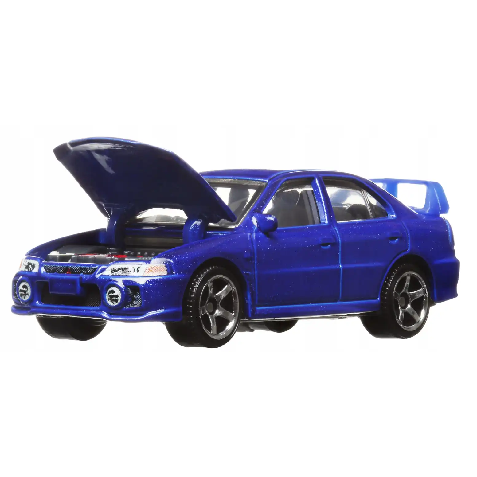 Matchbox 1:64 scale Moving Parts die-cast model of the 1996 Mitsubishi Lancer Evolution IV in metallic blue with opening hood.