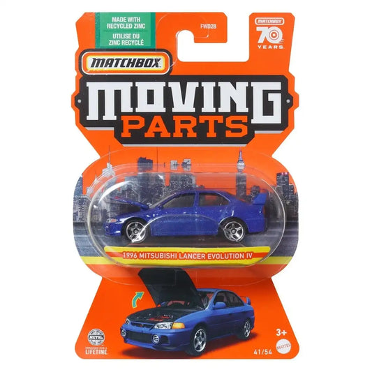 Matchbox 1:64 scale Moving Parts die-cast model of the 1996 Mitsubishi Lancer Evolution IV in metallic blue with opening hood.