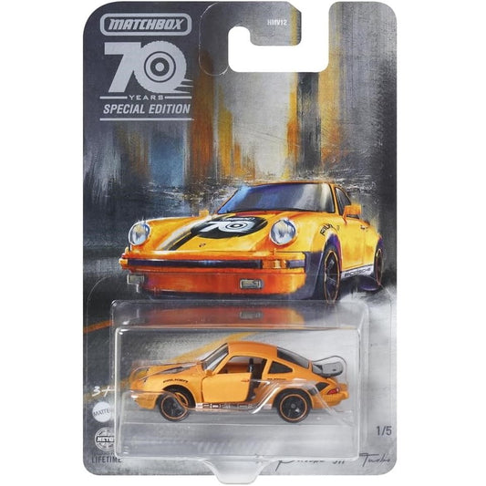 Matchbox 1:64 scale 70 Years Special Edition die-cast model of the Porsche 911 Turbo with exclusive detailing.
