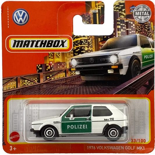 Matchbox 1976 Volkswagen Golf MK1 Police Car in white with police livery, part of the 33/100 collection